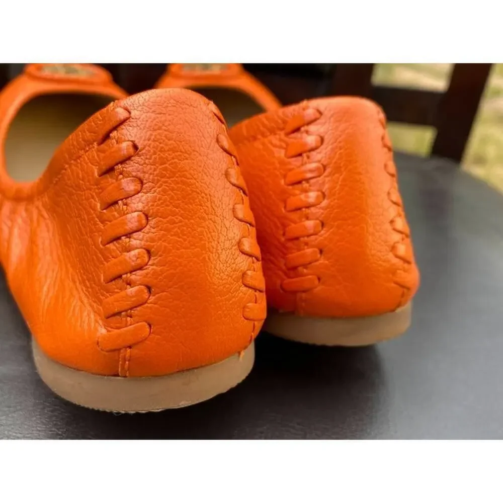 Tory Burch Minnie Travel Ballet Leather Casual Orange Women's US 5 Slip-Ons